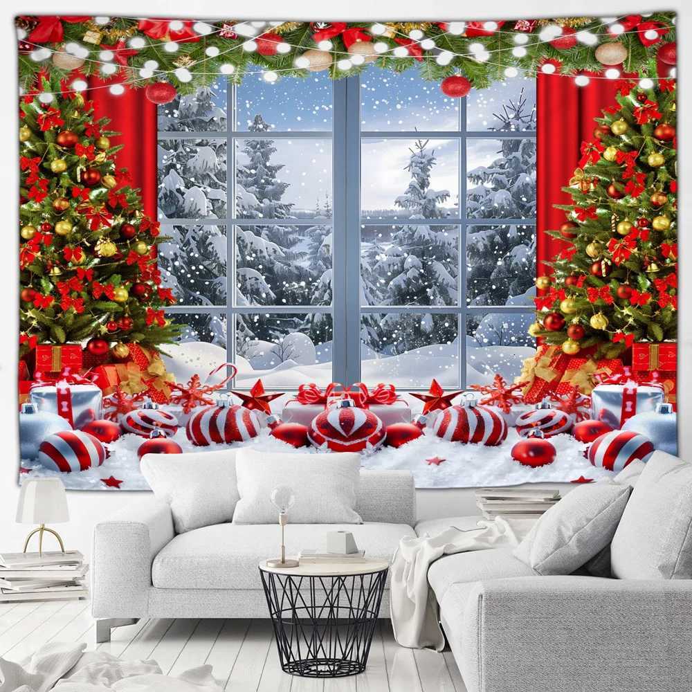 Christmas Tapestry Xmas Tree Gifts Outside Window Winter Forest Cedar Snowflake Landscape Home Living Room Decor Wall HangingM251125