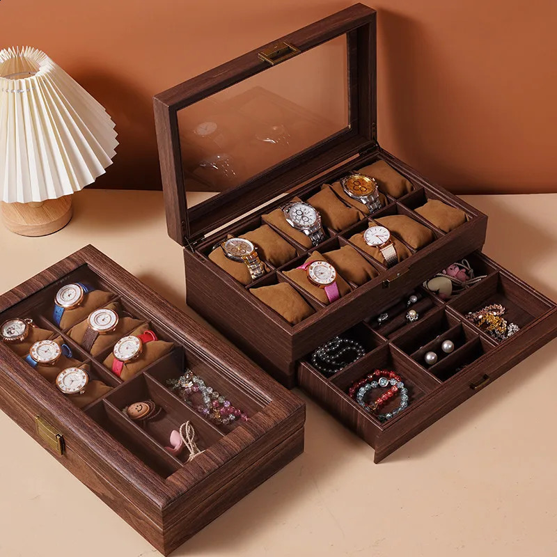 DELESYS Multi-layer large capacity vintage wood grain leather exquisite dust-proof watch jewelry double collection storage box 250424