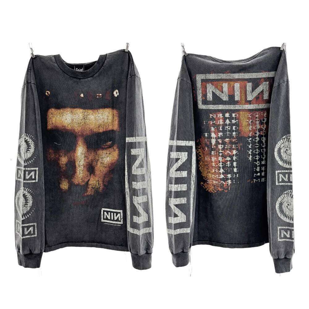 Washed Saint NIN Nine-Inch Nail Long Sleeves T-Shirt Men Women High Quality Heavy Fabric Unisex Tops Tee T Shirt