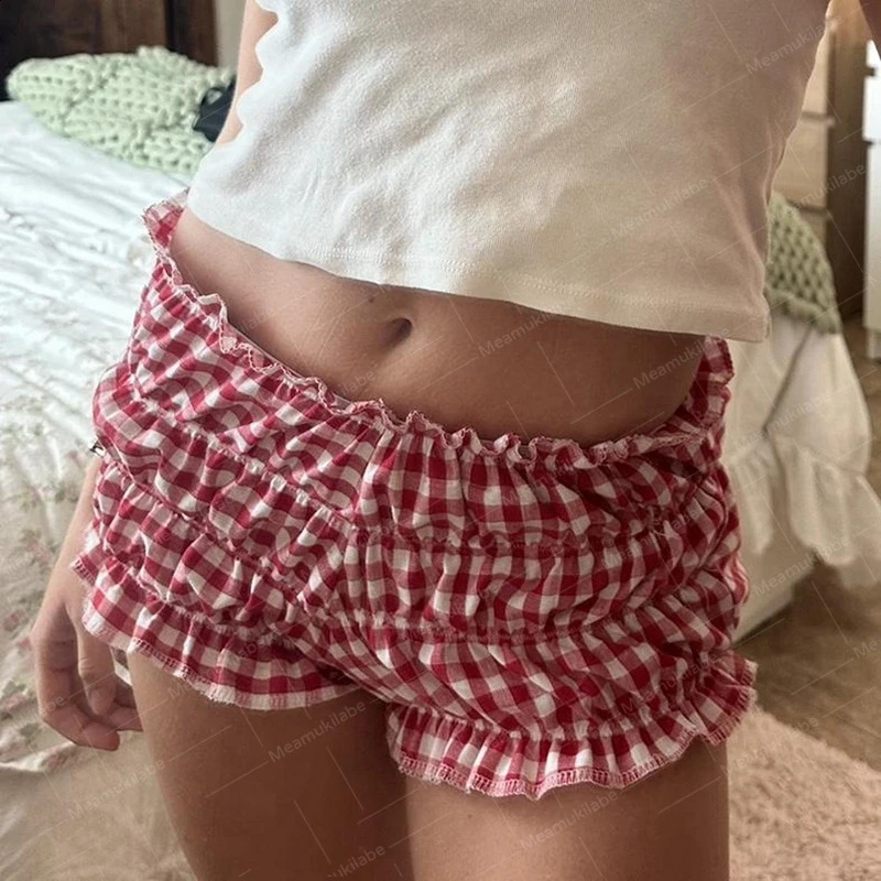 90s retro villa plaid shorts with elastic ultra-thin fit Bloomers pants for women Kawaii casual wear fairy retro Y2K cute knit bottom 250418