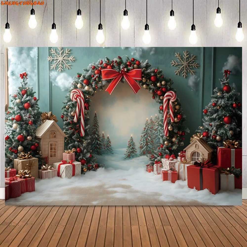 Winter Christmas Photography Backdrop Xmas Wreath Arch Christmas Tree Kids Portrait Family Party Decor Background Photo PropsM251125