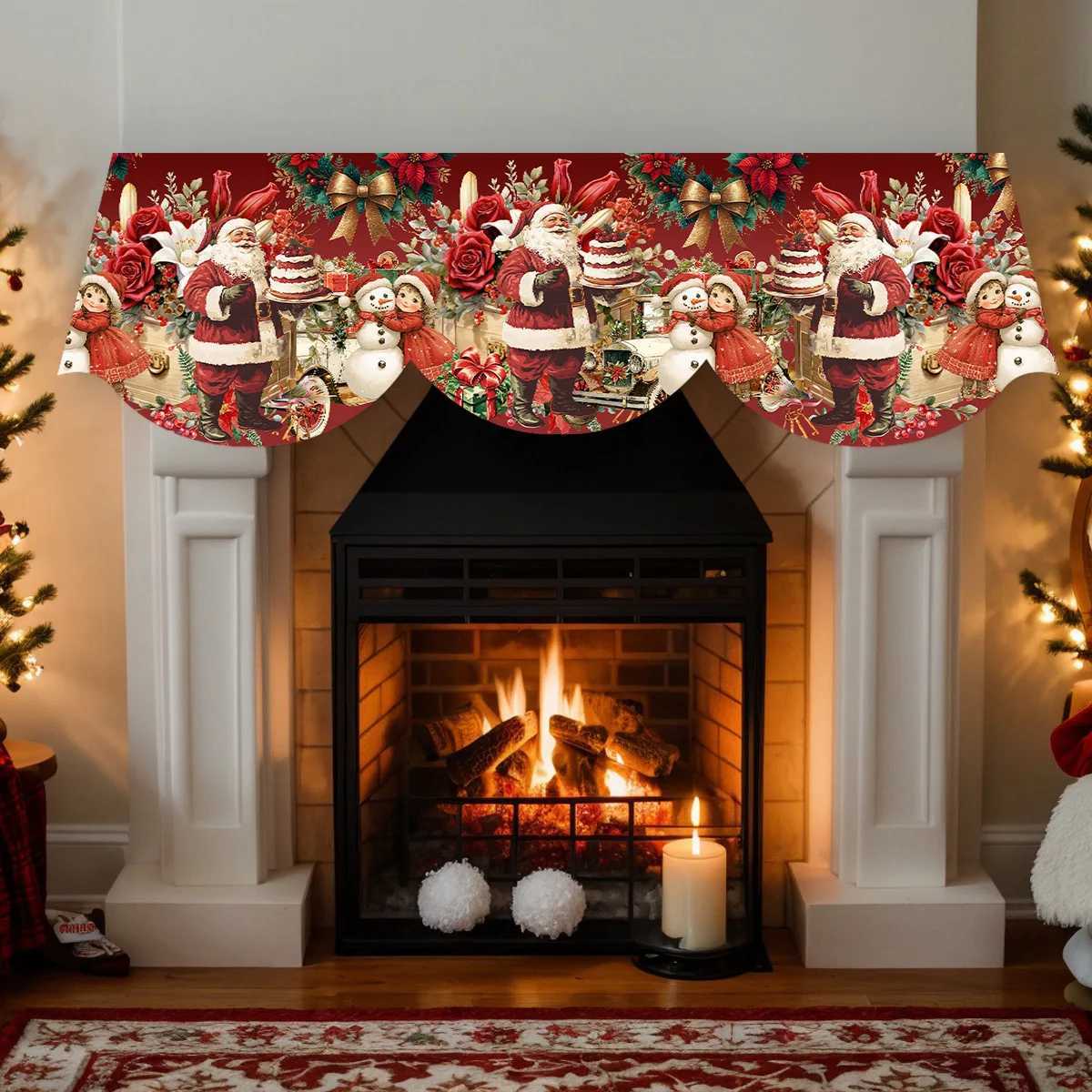 1 Piece Christmas Themed Fireplace Scarf with Santa Claus Bow Snowman and Floral Pattern Atmospheric Fireplace DecorationM251125