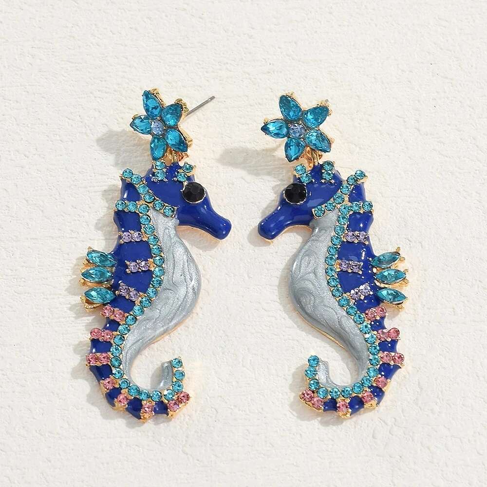 Vedawas Cute Metal Blue Black Crystal Seahorse Drop For Woman Funny Creative Marine Animal Earrings Personality Jewelry