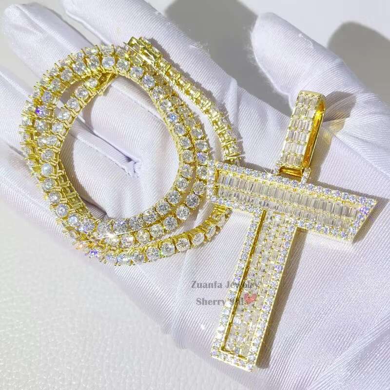 Yellow Gold Baguette Cut Letter Pendant Custom Name Chain VVS Moissanite Diamond Initial Necklace