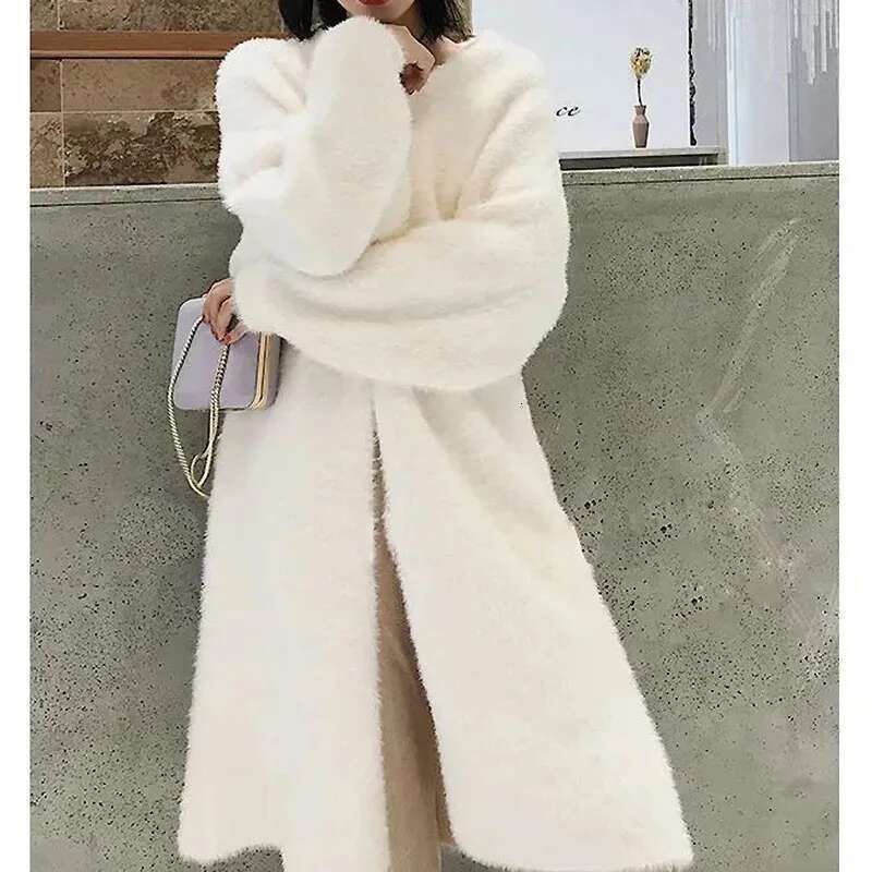 White Long Cardigan For Women Winter Clothes Knitted Fluffy Long Sleeve Cashmere Sweater Coat Clotkorean Style Warm Vintage