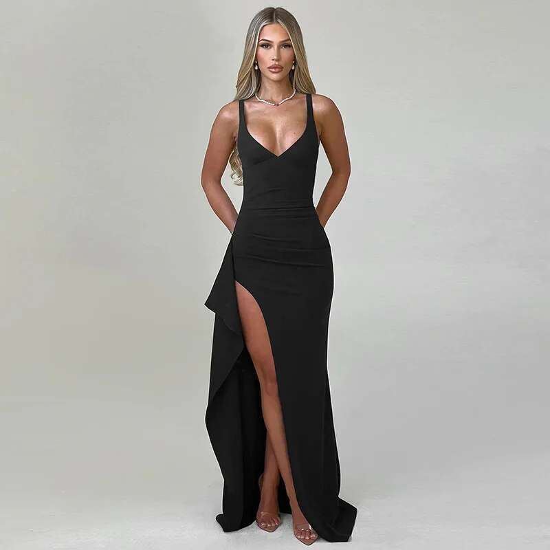 Dongdumaoyi Townlike V Neck High Split Sexy Party Dress Women Spaghetti Strap Summer Ruffles Elegant Maxi Long Dresses