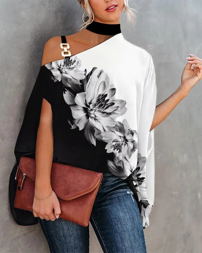 Summer printed womens shirt bat neck sleeve 2022