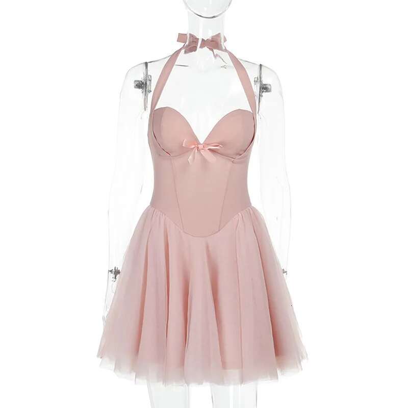 Dongdumaoyi Townlike Waist Wrap A Line Dress Women Halter Mini Spring Summer Mesh Patchwork Nightclub Sexy Party Dresses