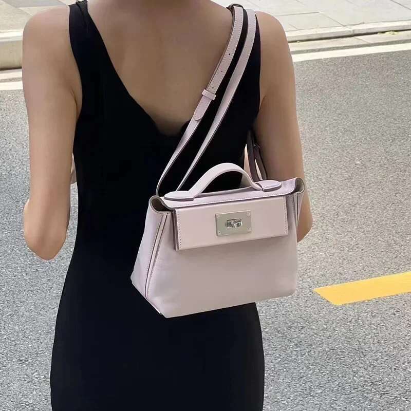 Genuine Leather Crossbody Soft Texture Single Lock Buckle Semi-Waxed Mini Dumpling Bag Double Shoulder