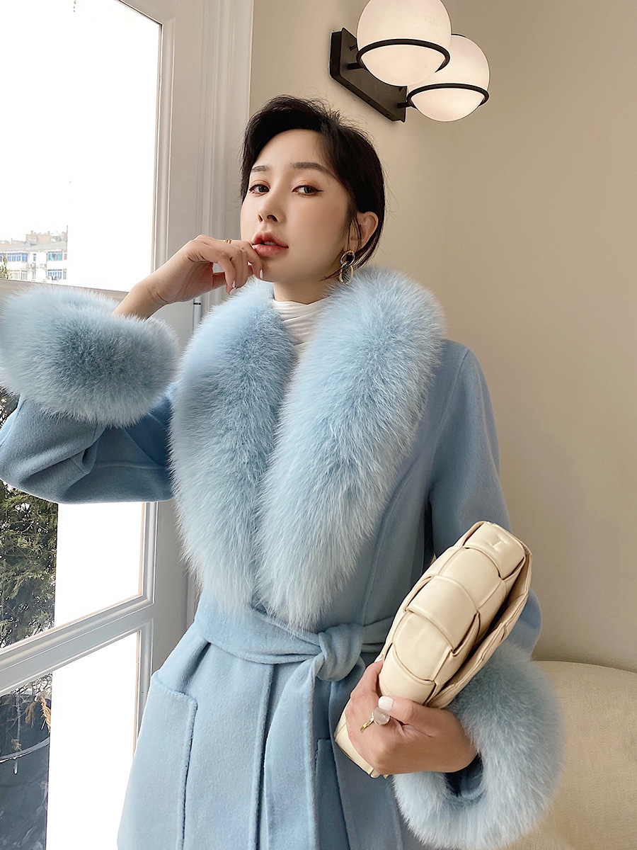 Fashion Women Woolen Coat Winter Slim Solid Pocket Double-Breasted Big Fur Collar Thick Warm Woolen Coat Female Outwear 240822