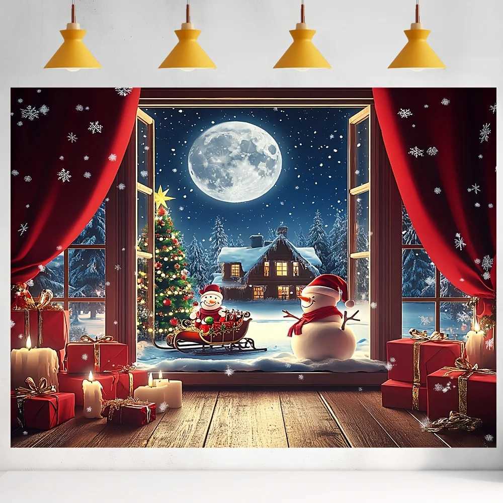 VIKAMA Double-Window Snow Scene Christmas Tapestry Snowman Christmas Tree Warm Living Room Background Wall Hanging Room DecorM251125