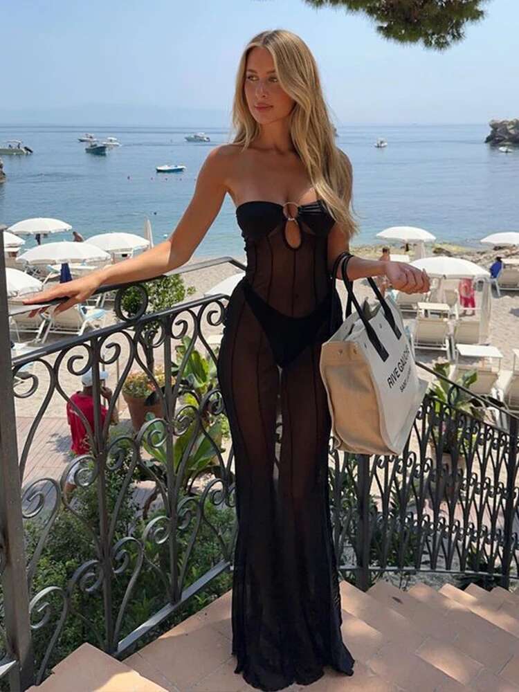 Dongdumaoyi Townlike Perspective Mesh Elegant Maxi Long Dress Women Slim Bodycon Summer Backless Nightclub Sexy Party Dresses