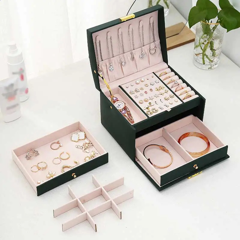 Three Drawer Handheld Jewellery Box Earring Ring Necklace Storage Box PU Leather Jewellery Display Box With Security Key Lock 250424