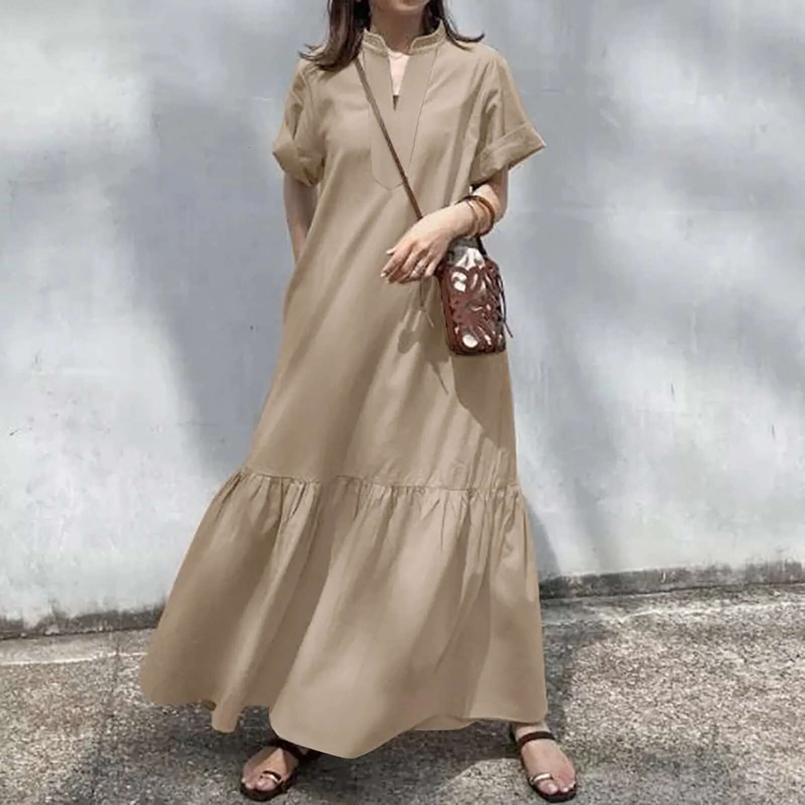 Dongdumaoyi Summer Bohemian Style Long Dress For Women Casual V Neck A Line Layered Ruffled Ankle Length Solid Loose Maxi Dresses