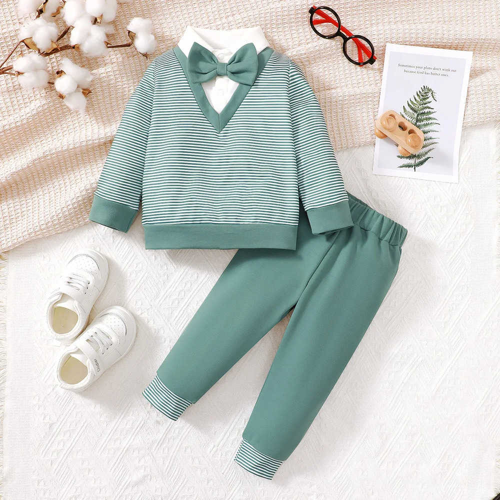 Clothing Sets 0-3 Years Baby Boy Set Bow Striped College Style Top+Pants 2Pcs/Set Toddler Baby Boy Spring and Autumn Set Baby clothing R250424 07TE