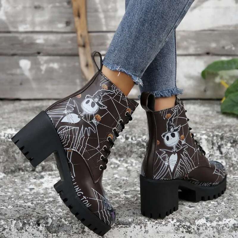 Halloween Skull High-Heeled Short 2024 Winter Item Thick Heel Print Design Versatile Fashion Women's Boots Zapatos Mujer