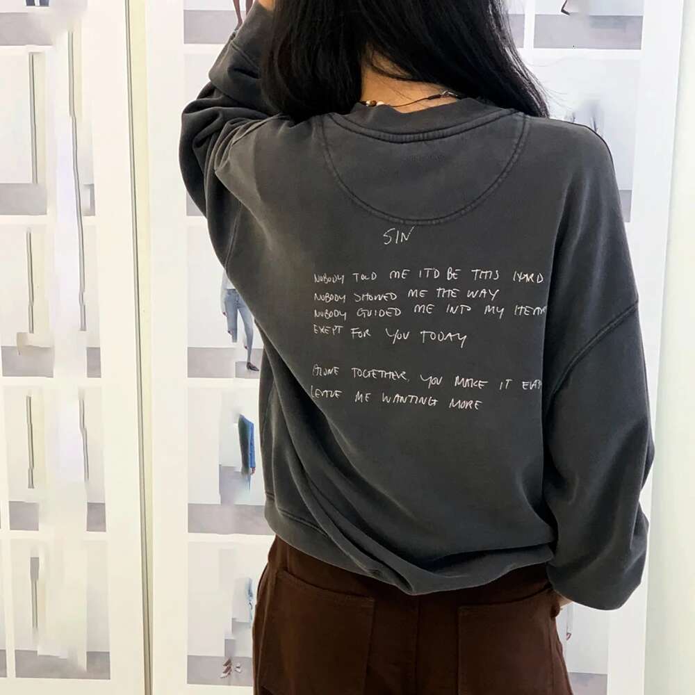 A5w333 Early Spring New North American Niche Graffiti Letter Print Washed Distressed Black Gray Ladies Sweatshirt