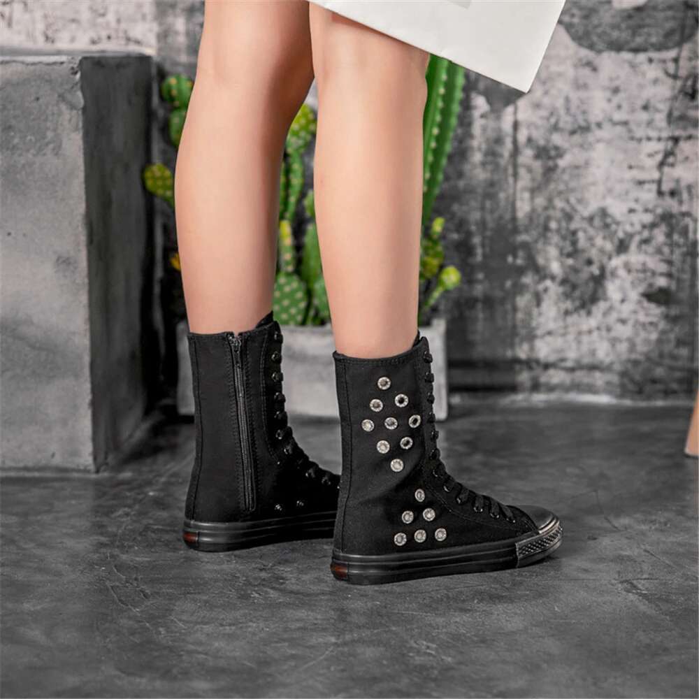 Spring and summer new medium-sized color lace-up side zipper breathable canvas casual heightening large size women's shoes