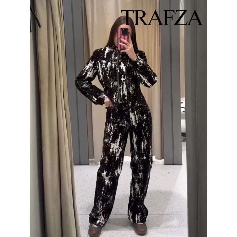 TRAFZA Vintage Pants Set Women's Fashion Versatile Animal Print Lapel Flocking Jacket+Belt High Waist Pocket Long Jeans Mujer