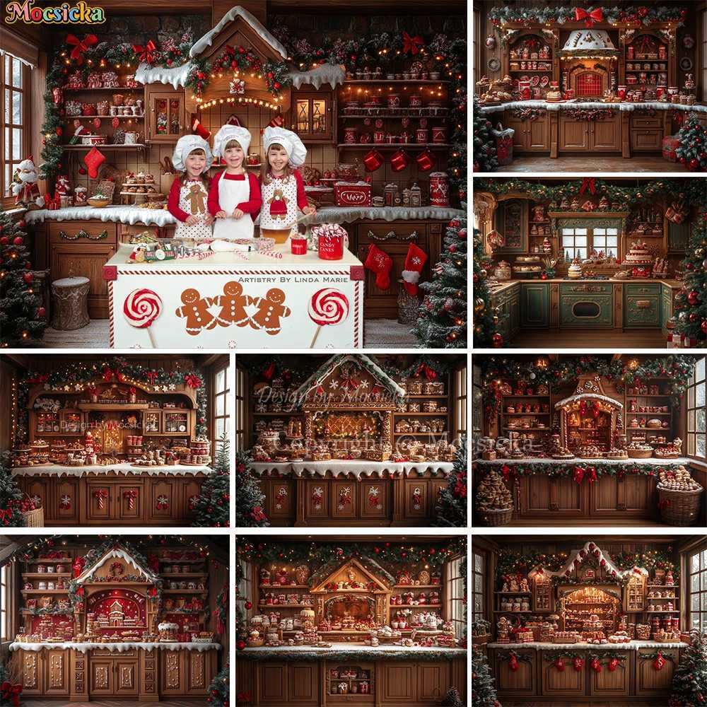 Brown Gingerbread Kitchen Background Photography Christmas Tree Wreath Cabinet Backdrop Winter Kids Family Birthday Photo StudioM251125