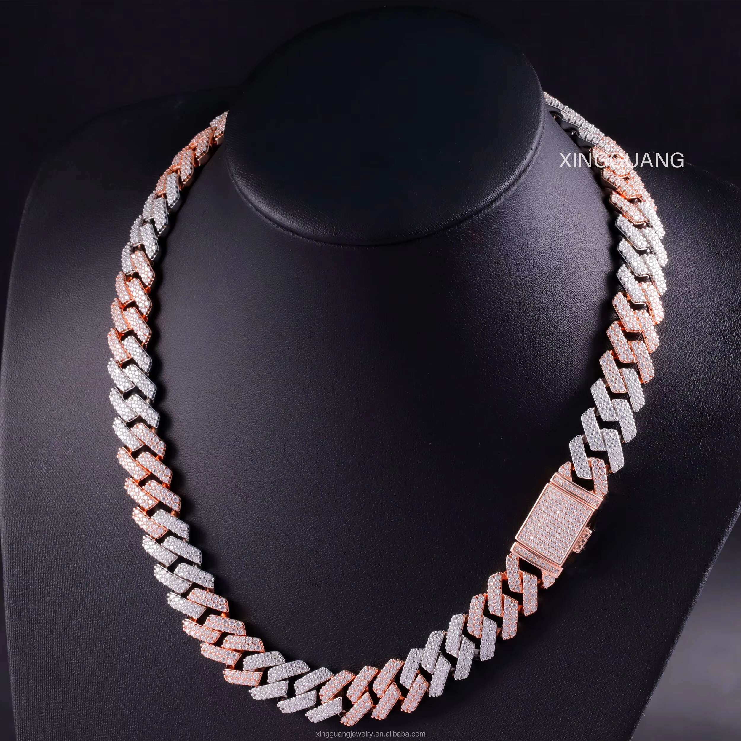 Custom Two Tone Necklace 925 Silver Gold Plated Moissanite Cuban Chain Hip Hop Jewelry 15MM Wide VVS Moissanite Cuban Link Chain