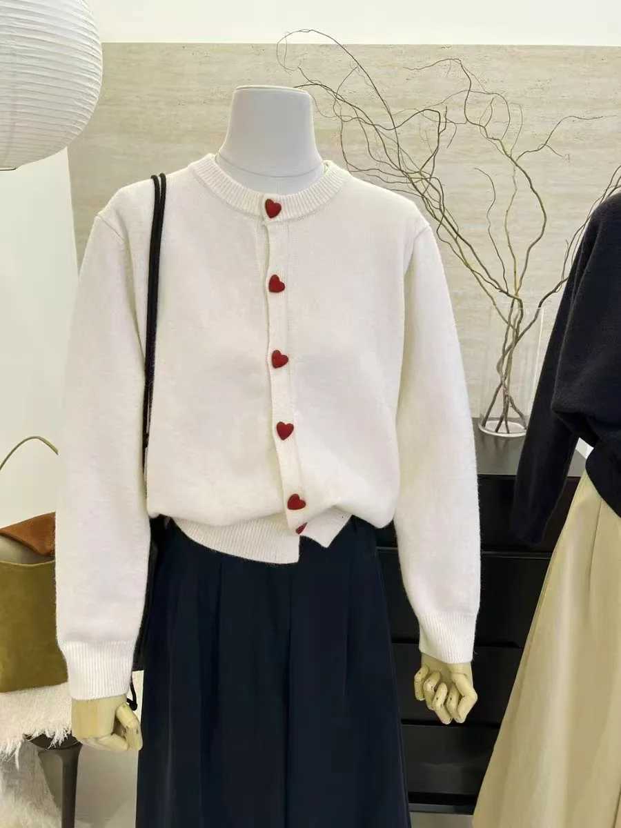 Deep Grey Wool Knitted Cardigan For Women 2025 Autumn Winter Soft And Sticky Warm Love Buckle Shoulder SleevesT251125