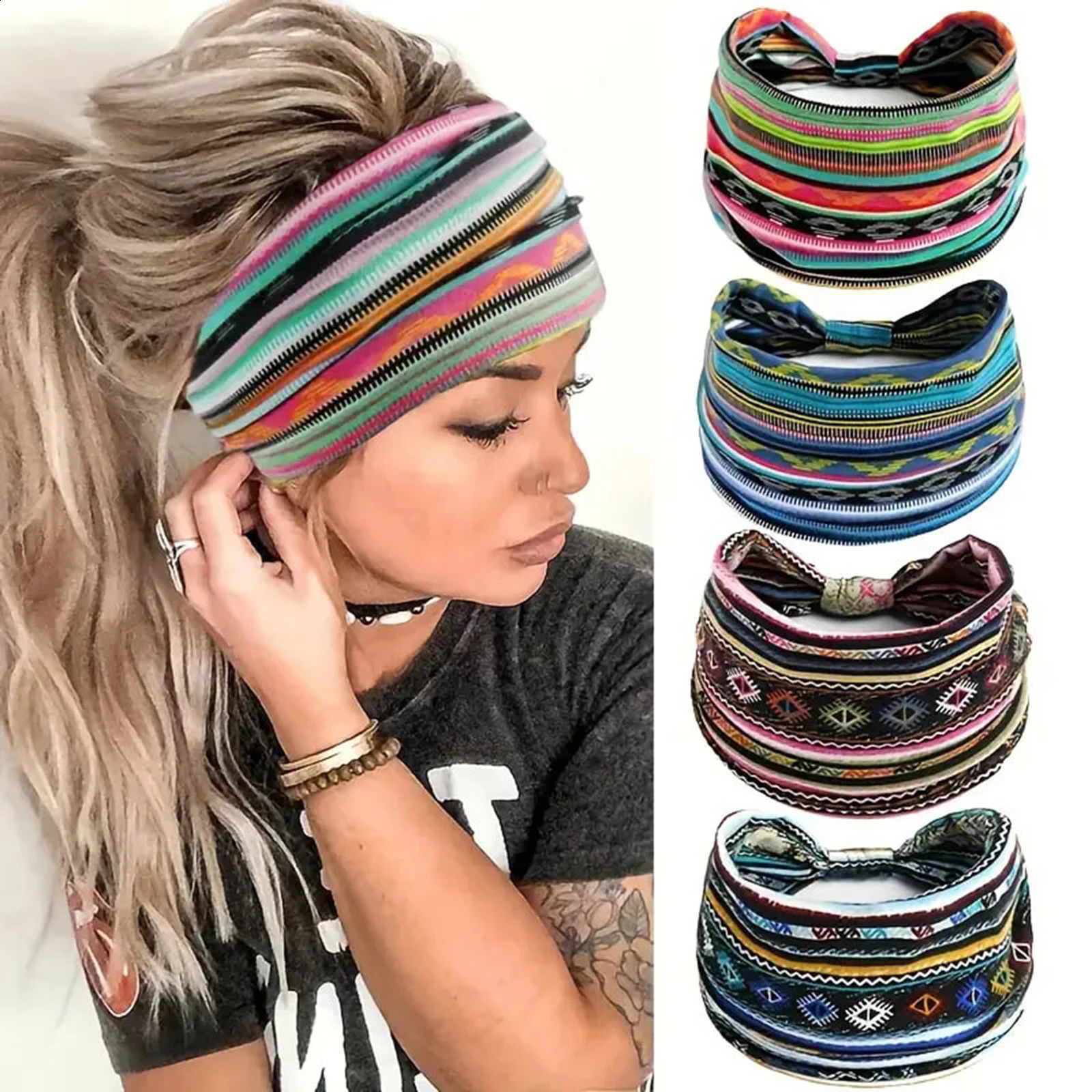 4 Bohemian Fashion Wide Headbands with Sweat Absorbent Headbands Bohemian Hair Accessories for Sports Tennis Gym Exercise MIAO-US 250423