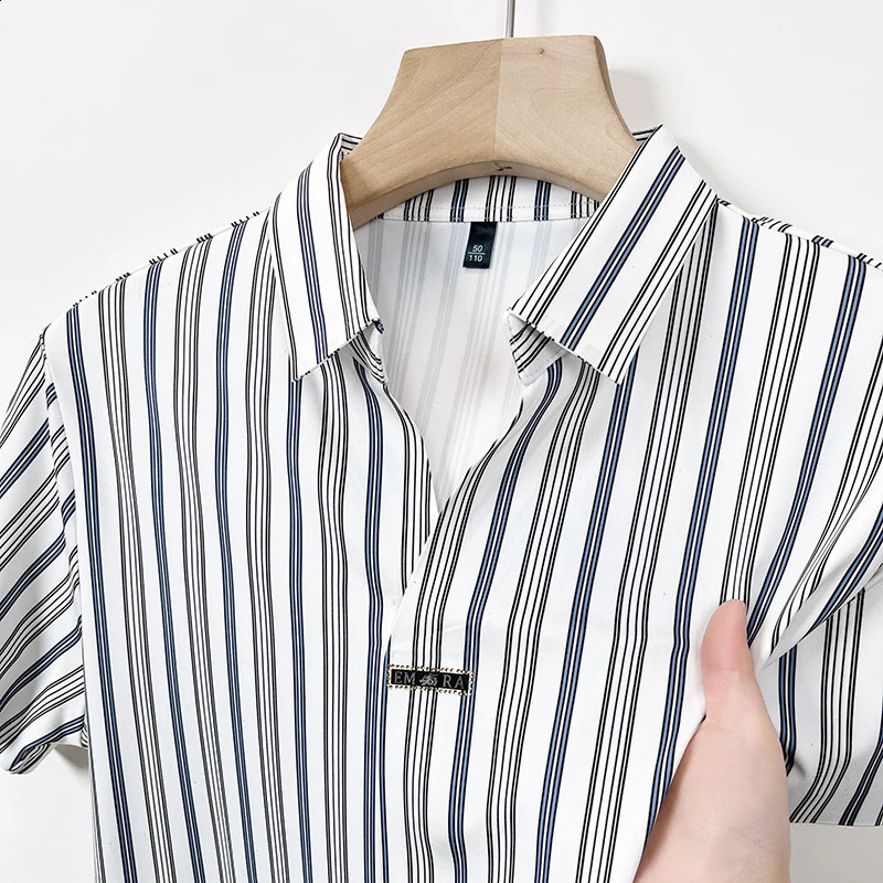 High end silk short sleeved T-shirt striped printed polo shirt business casual er cut collar resistant top 250422