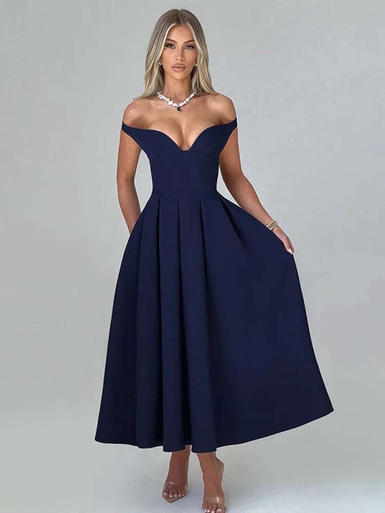 Dongdumaoyi Townlike Waist Wrap A Line Pleated Dress Women Off Shoulder Summer Maxi Long Backless Nightclub Sexy Party Dresses