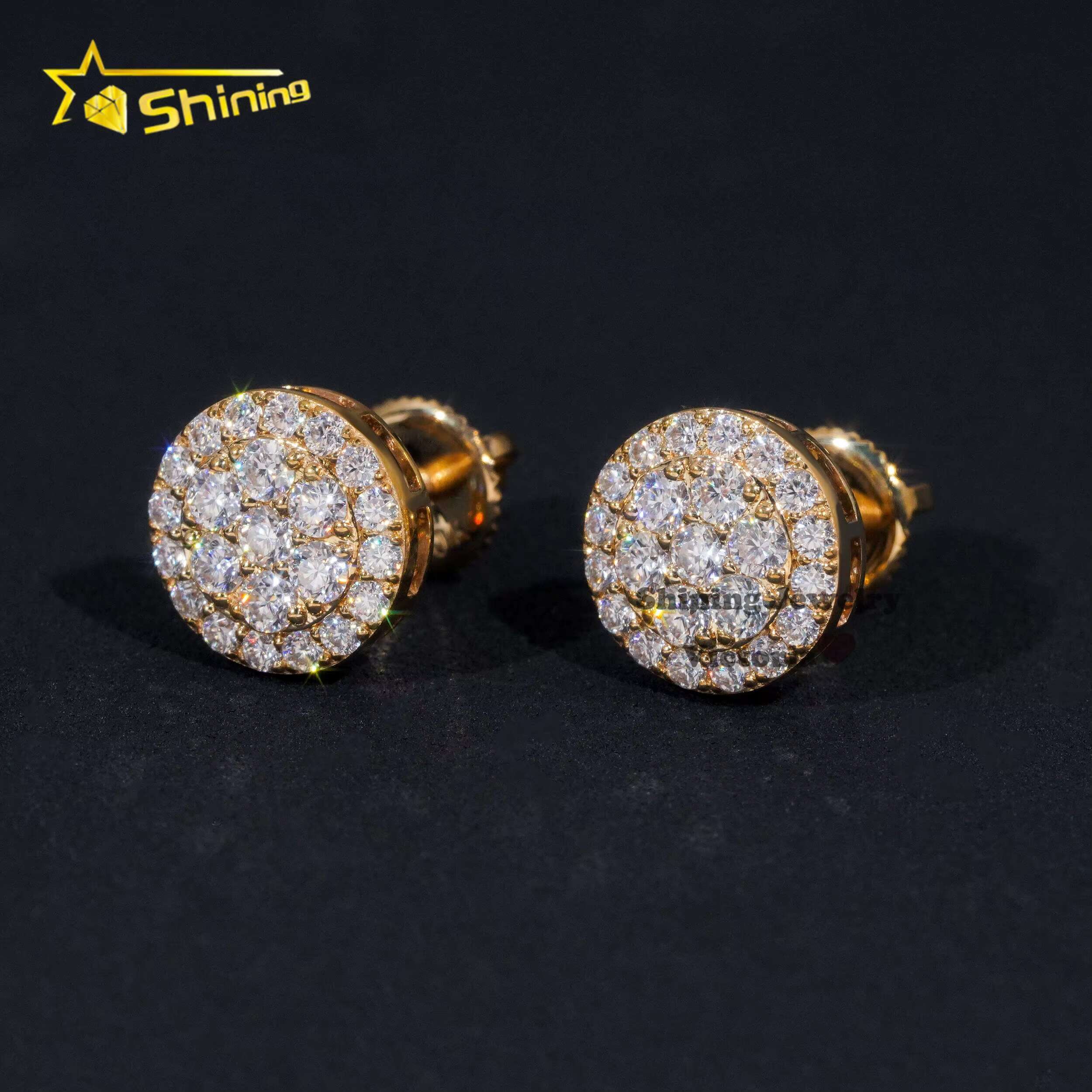 New Arrival Hip Hop Cluster Diamond 10MM Round Shape Screw Back 10K Real Gold Moissanite Stud Earrings