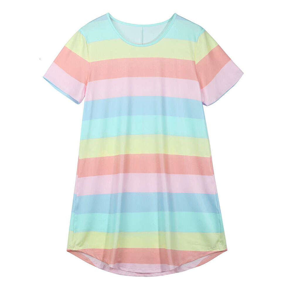 European American spring and summer short sleeved rainbow striped loose T-shirt pama dress plus size 2025 new casual versatile fashion clothing