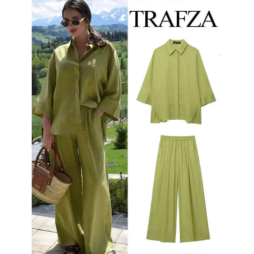 TRAFZA 2024 Women 2 Piece Set Elastic Waist Pocket Folds Decorate Wide Leg Pants+Solid Single-Breasted Slit Hem Blouse Top