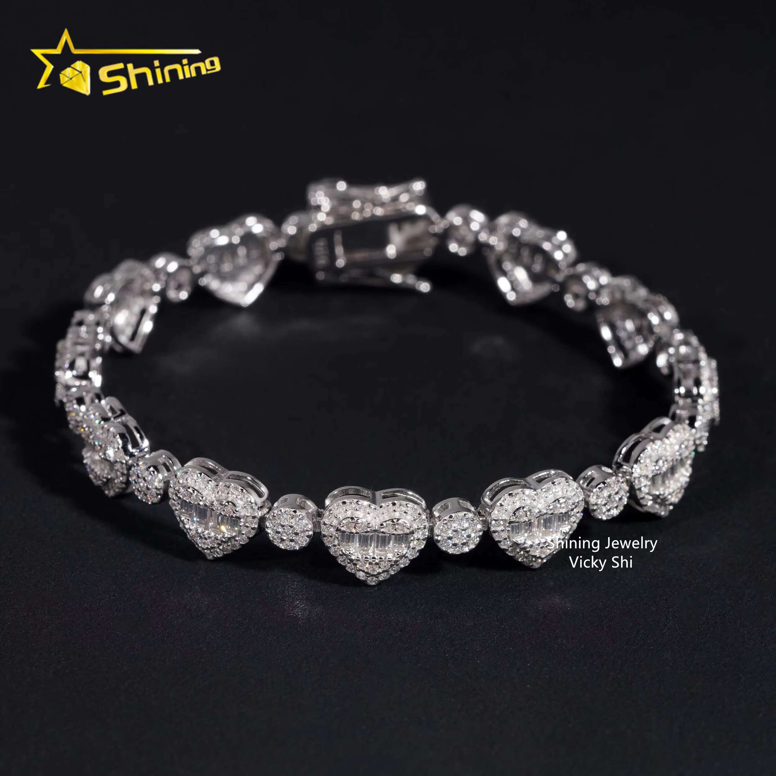 New Iced Out 925 Sterling Silver Heart Shape Moissanite Bracelet Trendy Men Hip Hop Jewelry Moissanite Cuban Link Chain