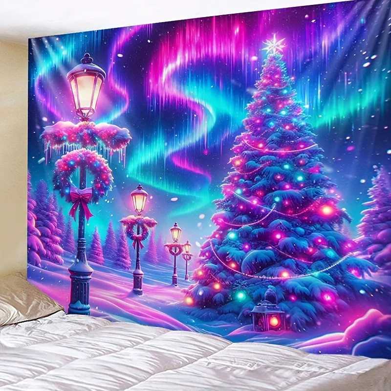 VIKAMA Aurora Christmas Tapestry Snowy Christmas Tree Holiday Living Room Theme Winter Room Decor Living Room AccentsM251125