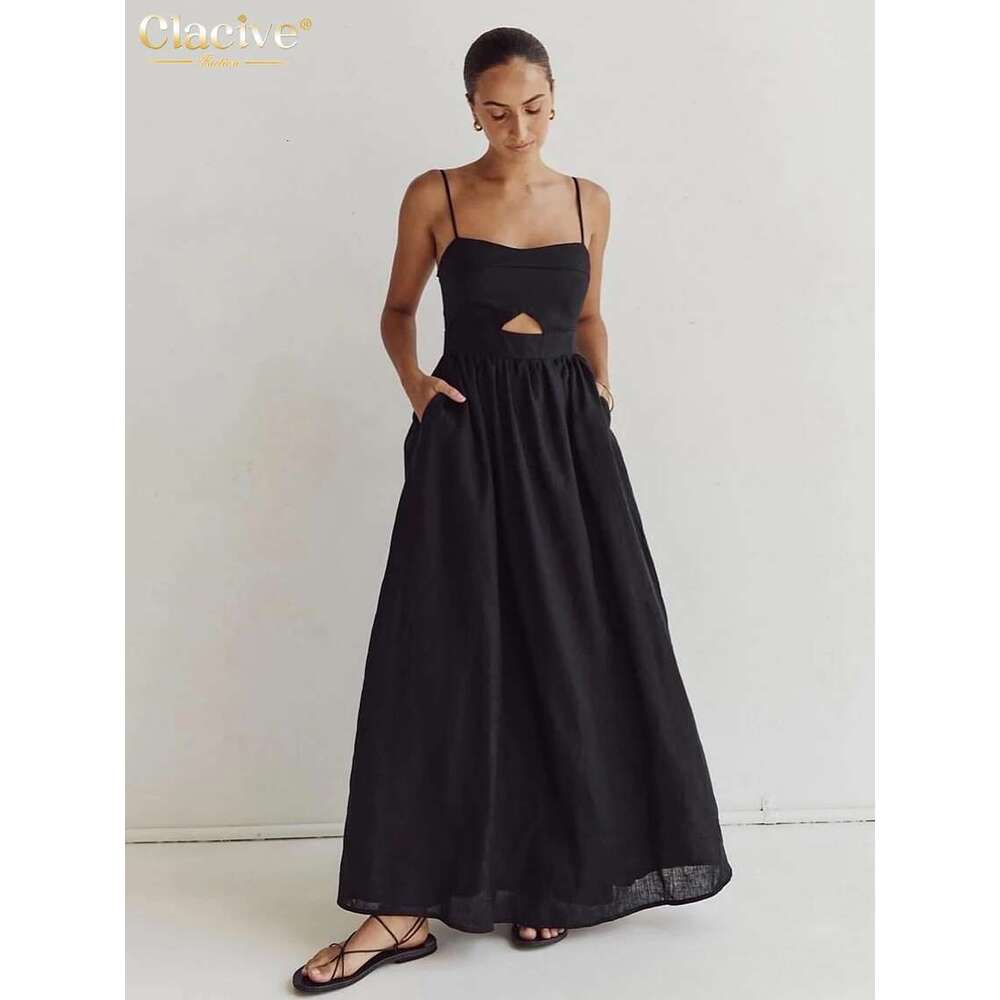 Clacive Sexy Loose Black Cotton Womens Dresses 2024 Summer Strap Sleeveless Ankle Length Elegant Hollow Out Female Dress