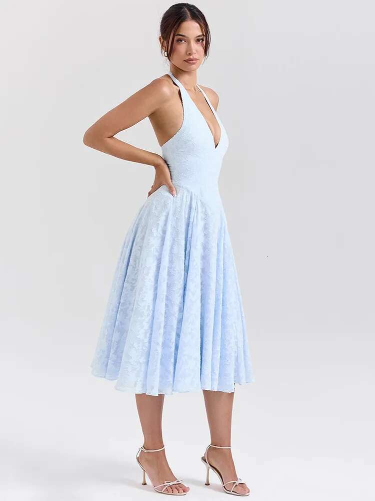 Dongdumaoyi Townlike Floral Waist Wrap A Line Dress Women Halter Summer Backless Sexy Party Elegant Midi Long Dresses