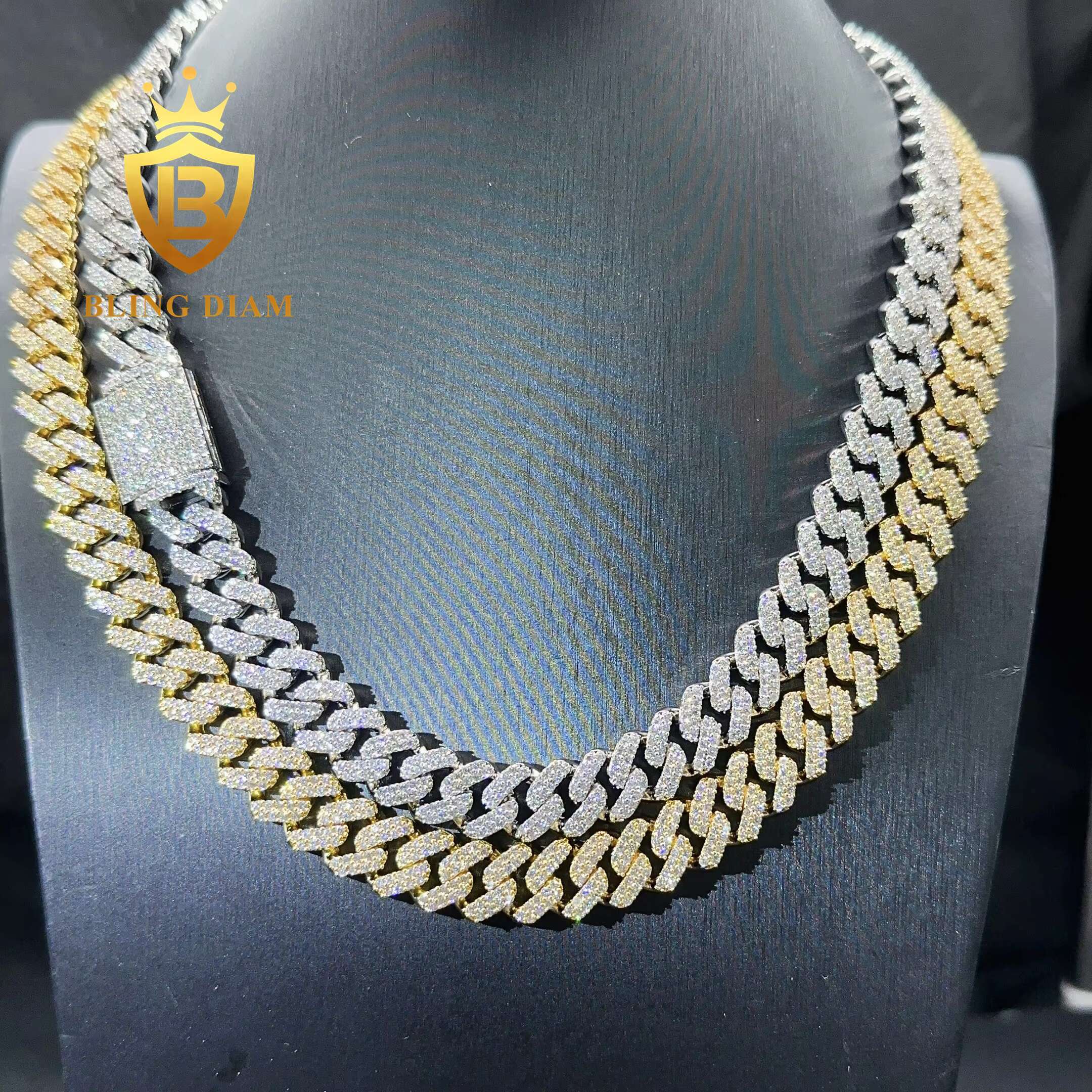 Fine Jewelry Hiphop 13mm Gold Plated Iced Out Brass 2 Rows 5a+ Moissanite Diamond Cuban Link Chain Moissanite Miami Necklace
