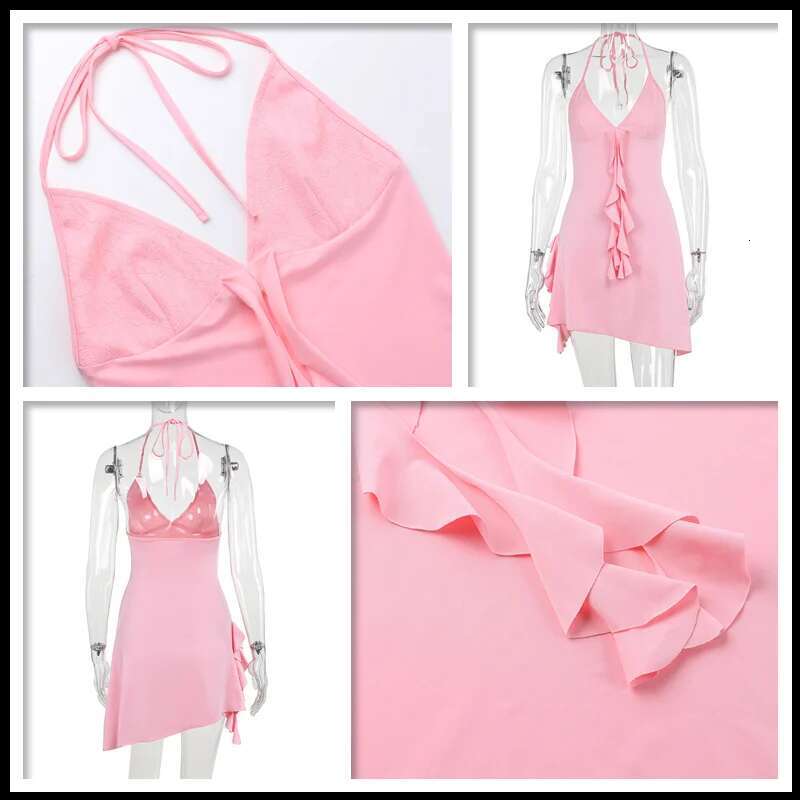 Dongdumaoyi Townlike Ruffles Lace Patcheork Slim Bodycon Dress Women Halter Mini Spring Summer Backless Sexy Party Dresses