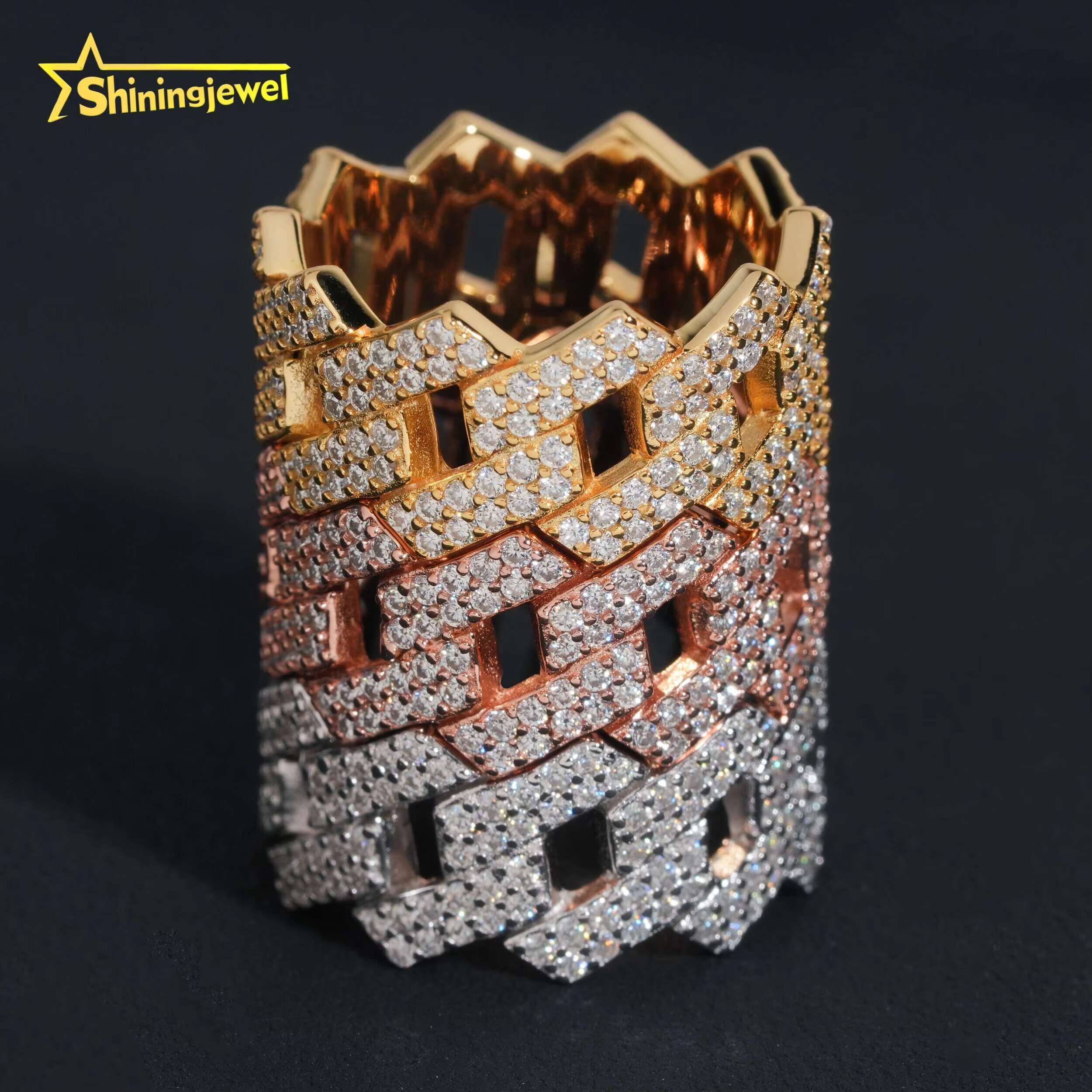 Factory Direct High Quality Hip Hop Two Row 925 Sterling Silver Moissanite Iced Out Cuban Ring