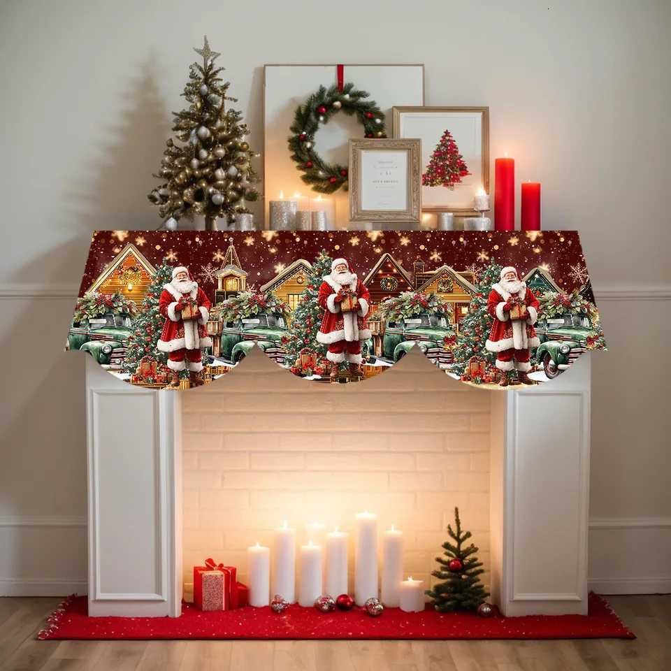 1 Piece Christmas Snow Scene Themed Fireplace Scarf with Santa Claus and Truck Gift Pattern Perfect for Holiday Home DecorationM251125