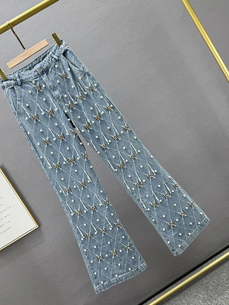 Womens jeans high waisted embroidered flame plain pearl straight bead pendant jeans fashion for autumn 250422