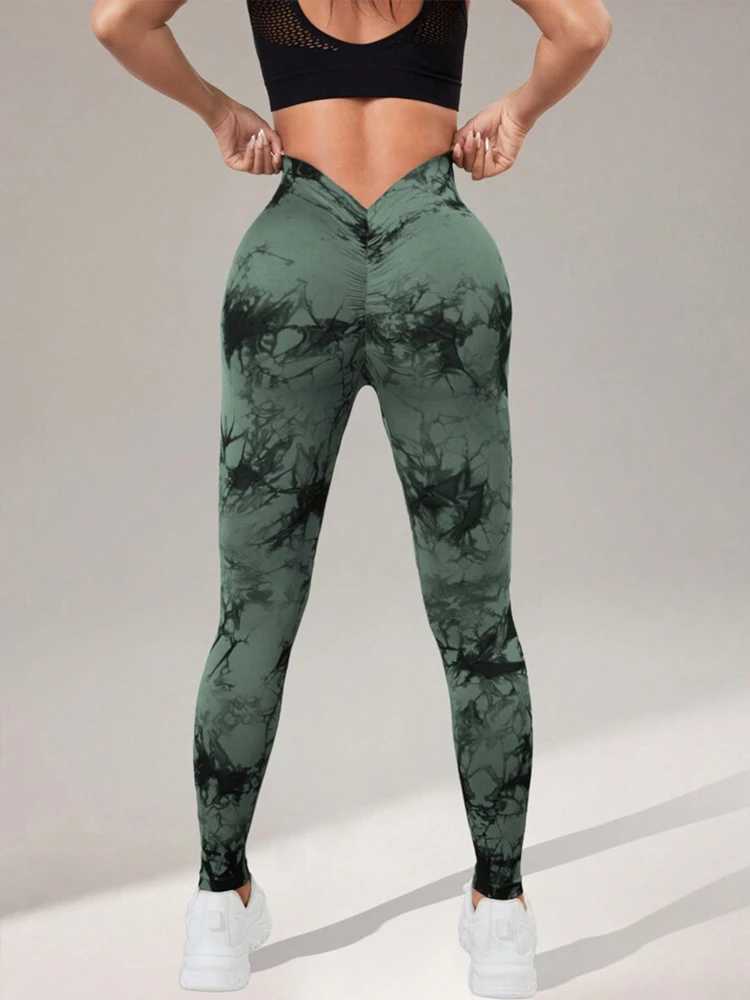 V-shaped waist tie dye yoga leggings high waisted hip lifting fitness pants training sports leggings womensC250425