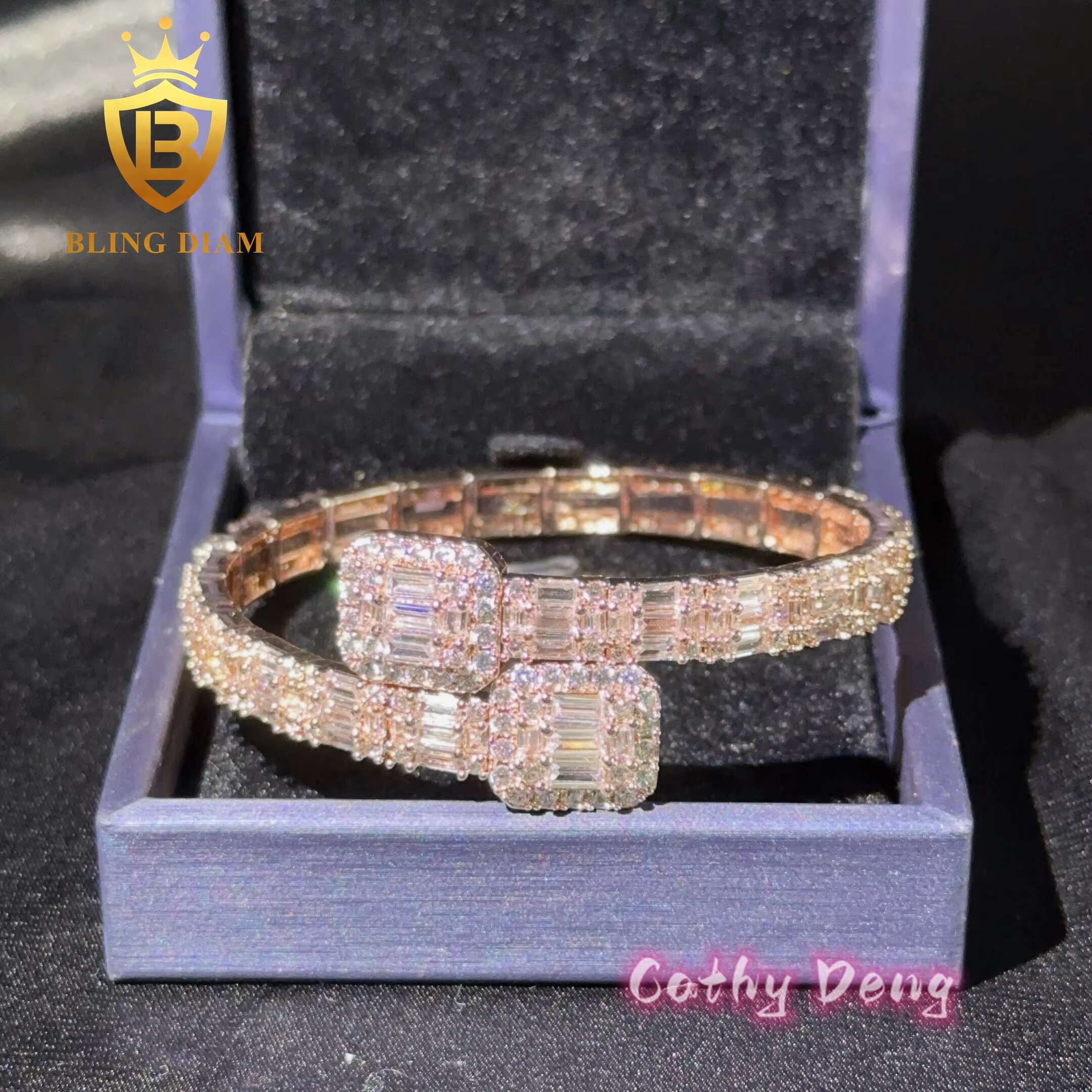 Fashion Cuban Bangle Hip Hop Jewelry Gold Plated Brass Baguette Moissanite Diamond Cuban Link Bracelet Bangles
