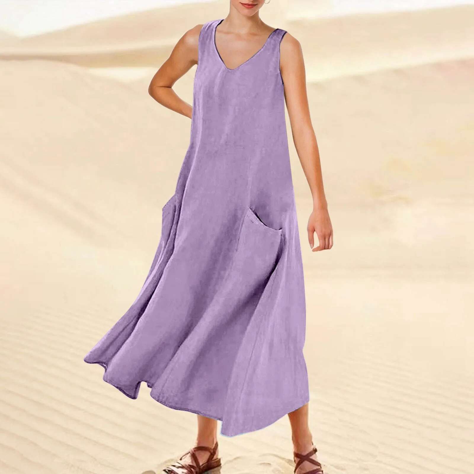 Dongdumaoyi Women S Sundress V Neck Long Dress With Pocket Solid Cotton Linen Summer Causal Loose Sleeveless Beach T Shirt
