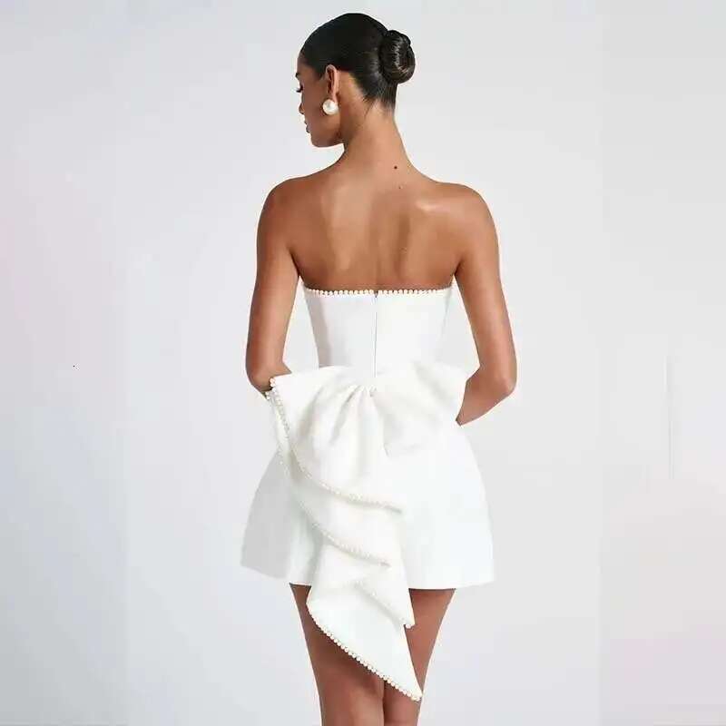 Dongdumaoyi Townlike Bow Pearl Backless Sexy Party Dress Women Mini Spring Summer Elegant Slim Bodycon Dresses Vestidos
