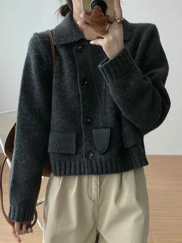 Womens Autumn Winter New Style Korean Outerwear Long Sleeve Warm Sweater Double-Row Button Solid Color Turndown Collar CardiganT251125