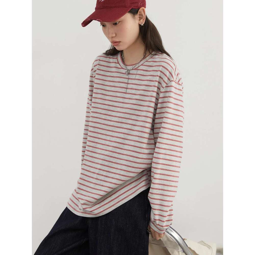 CHIC VEN Women T-Shirts Casual New Round Neck Striped Basic Shirt Loose Tees Female Long Sleeved Top Spring 2025