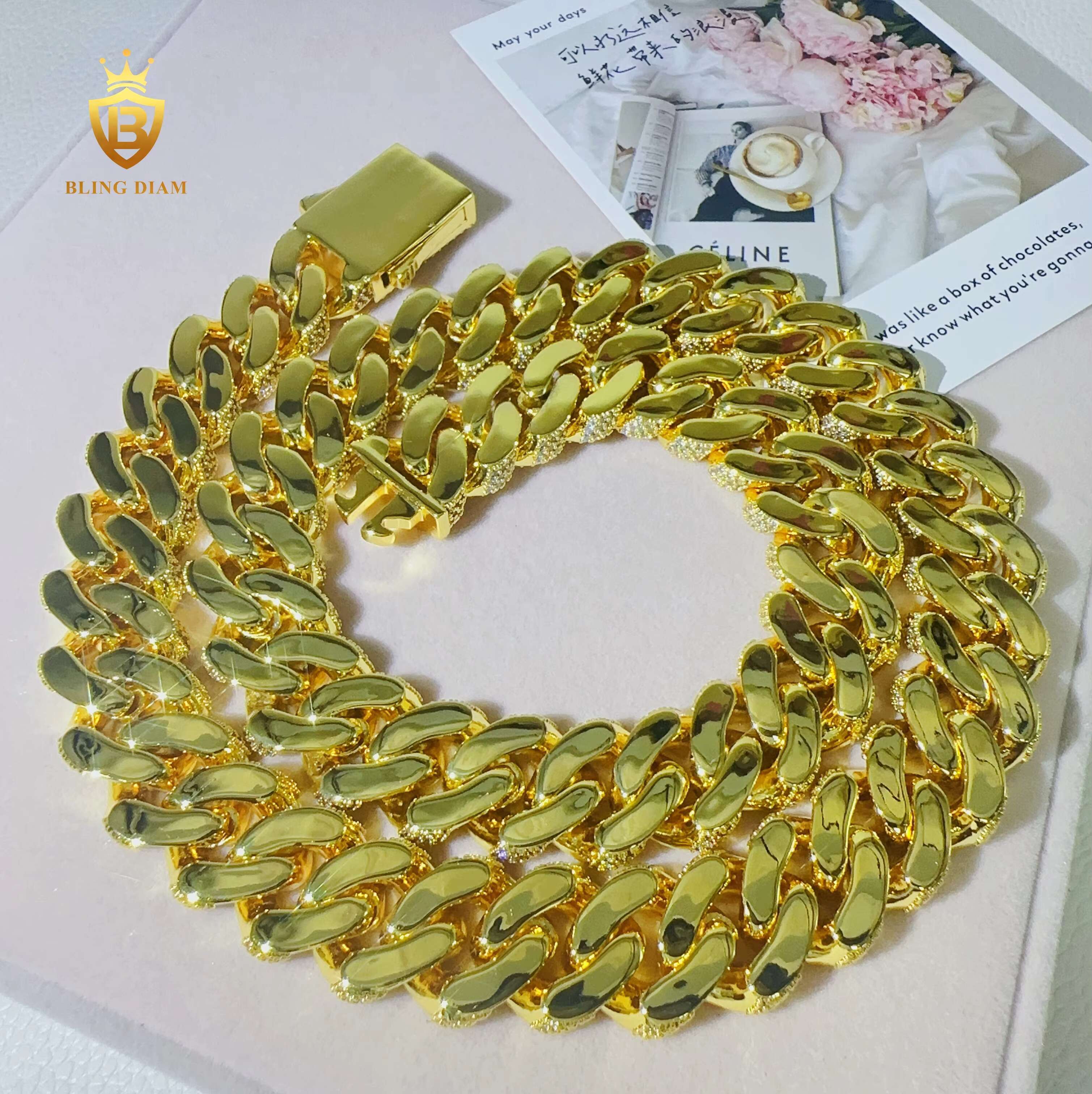 Fashion Jewelry 18mm 3rows AAAAA+ Moissanite Cuban Link Chain Fashion Spring Clasp Necklace