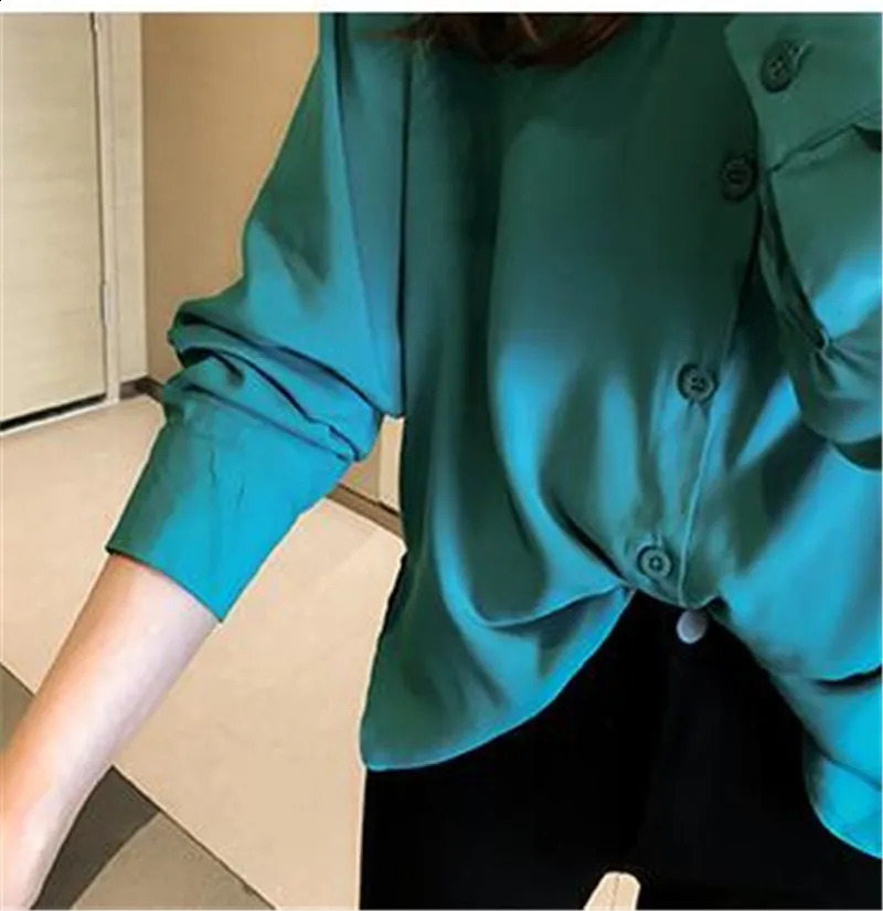 Blusa Womens Shirt Elegant Red Green Satin Shirt Collar Womens Formal Office OL Shirt Womens Top PZ1149 250418