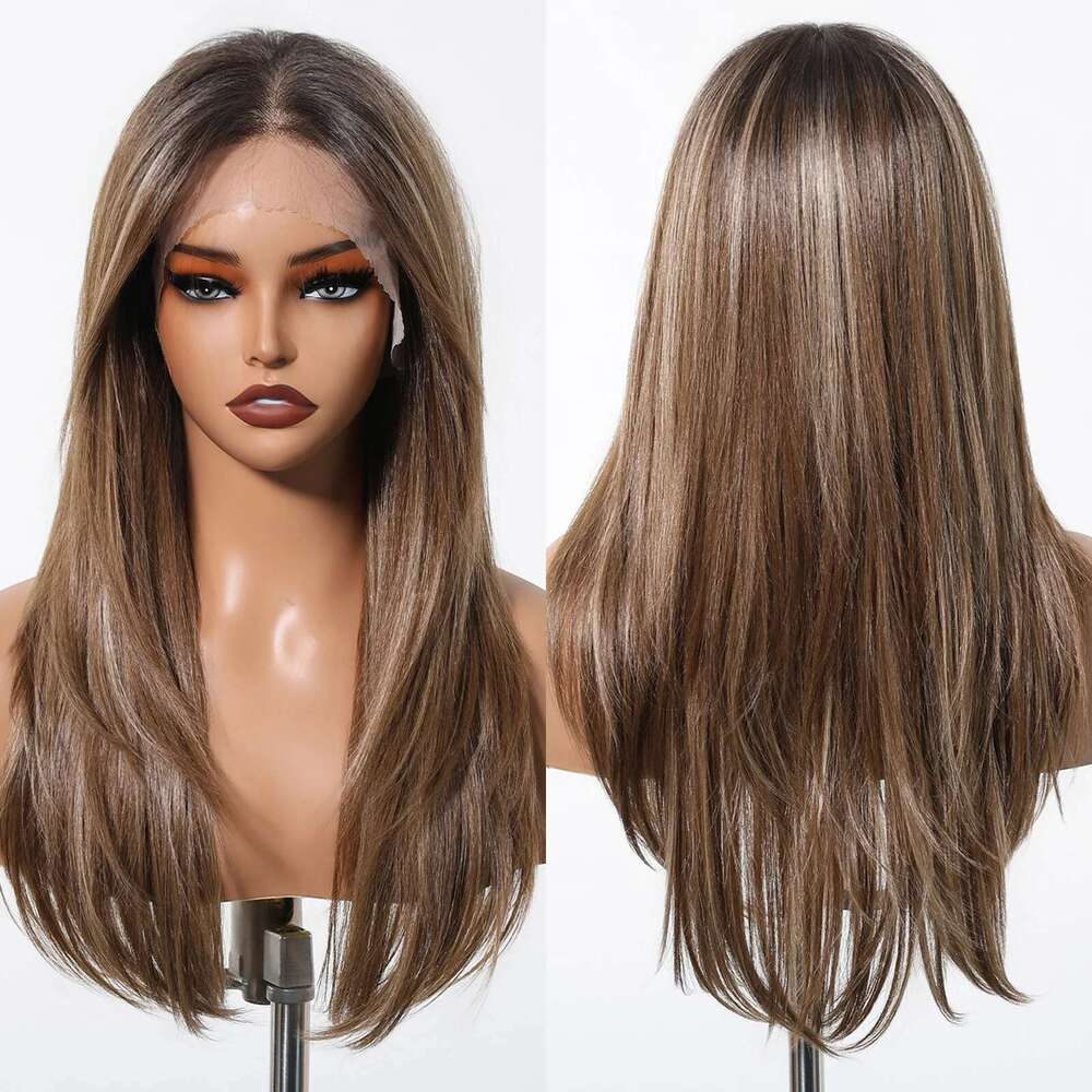 13*6 Transparent Lace Frontal Synthetic Long Straight Layered Hair Brown Blonde Highlight Wigs For Afro Women Brazilian Wig